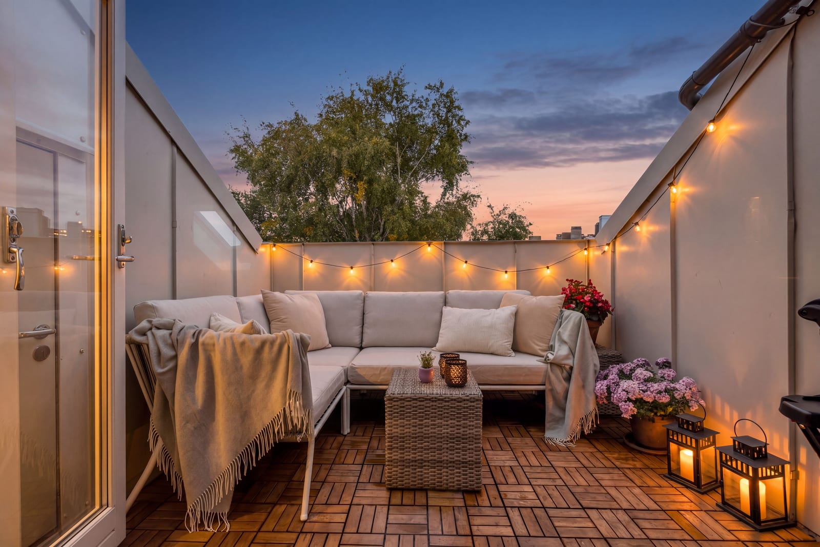 Etter: samme terrasse, samme lyslenker, kveld.